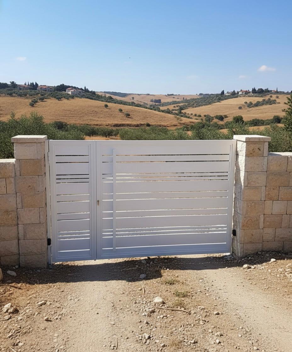 שער אלומיניום לבן בכניסה לשטח במושב